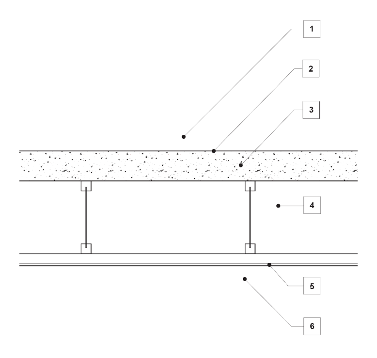 Figure J4D4g: 100 mm solid concrete roof to 5° pitch—10 mm plaster suspended ceiling—applied ex- ternal waterproof membrane